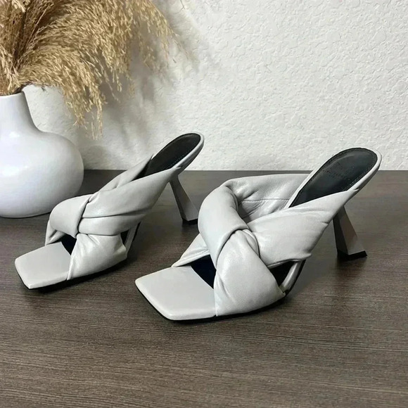 MARC FISHER Gray Knot Comfort Dellian Square Toe Slip On Leather Heeled Sandal - Picture 2 of 12